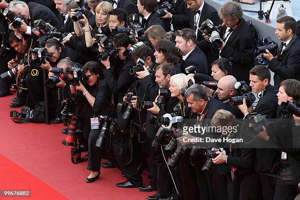 Photographers jostle for positions at the "Biutiful" Premiere at the Palais des Festivals during the 63rd Annual Cannes Film Festival on May 17, 2010...