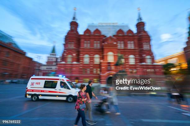 Red Square with emergency ambulance at State Historical Museum on July 8, 2018 in Moscow, Russia.