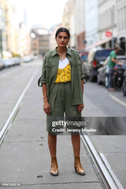 Leyla Piedayesh wearing lalaberlin jacket and short. She attends the Magazine Lauch Party on July 6, 2018 in Berlin, Germany. .