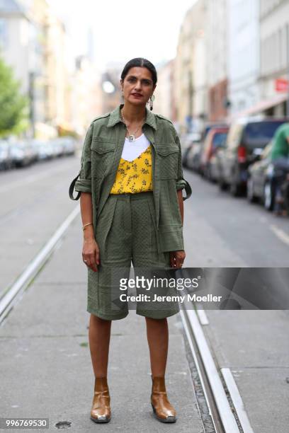 Leyla Piedayesh wearing lalaberlin jacket and short. She attends the Magazine Lauch Party on July 6, 2018 in Berlin, Germany. .