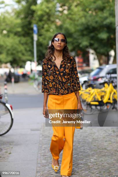 Rabea Schif wearing Roger Vivier shoes and a MCM bag, she attends the Magazine Lauch Party on July 6, 2018 in Berlin, Germany. .