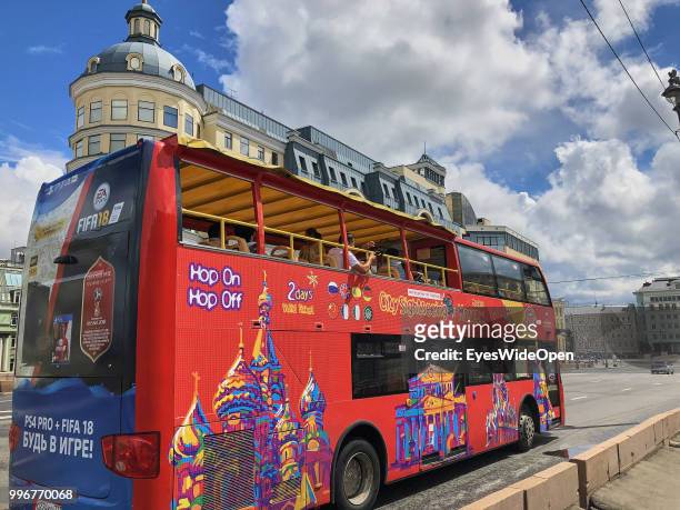 Sightseeing double decker city tour bus near Red Square on July 9, 2018 in Moscow, Russia.