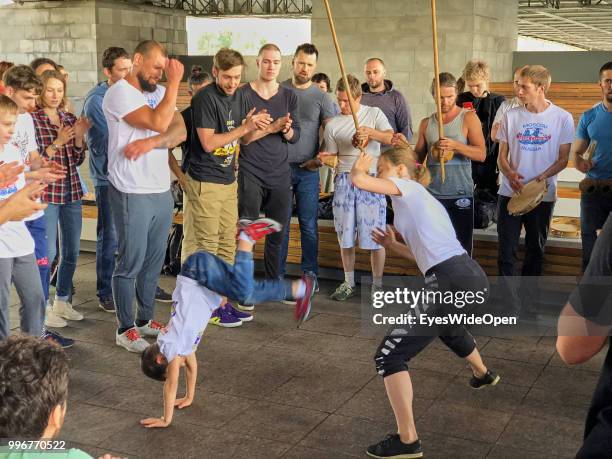 Abada Capoeira group offers lessons and presentations near Gorky Park on July 9, 2018 in Moscow, Russia.