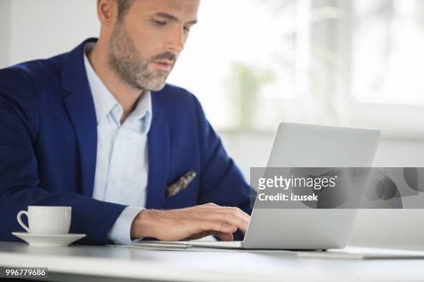 rijpe zakenman die op laptop in office werkt - izusek stockfoto's en -beelden