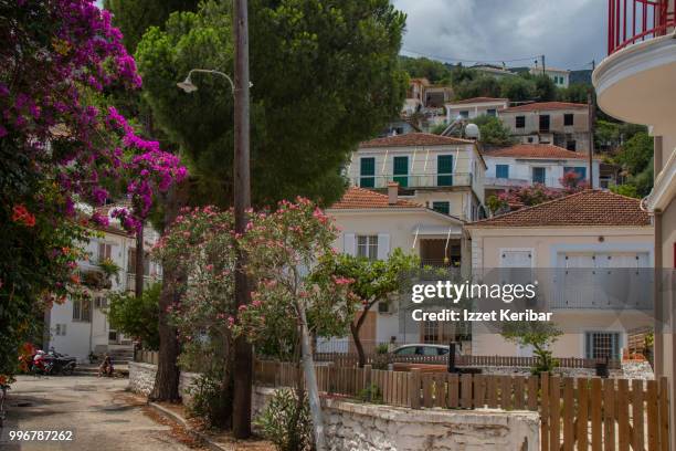 small alley at vathy,, main town of ithaca island, ionian sea, greece - ithaca stock pictures, royalty-free photos & images