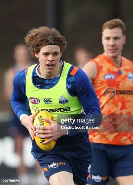 Ben Brown of the Kangaroos competes for the ball during a North Melbourne Kangaroos Training Session on July 12, 2018 in Melbourne, Australia.