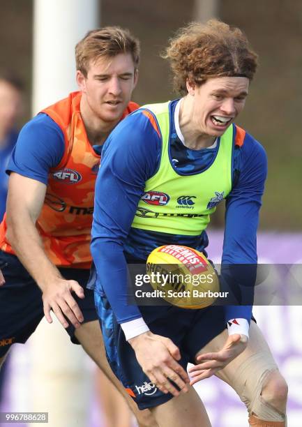 Ben Brown of the Kangaroos competes for the ball during a North Melbourne Kangaroos Training Session on July 12, 2018 in Melbourne, Australia.