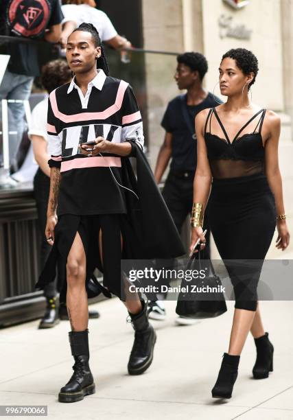 Hawk Snipes and Ava Grey are seen outside the Death to Tennis show during the 2018 New York City Men's Fashion Week on July 11, 2018 in New York City.