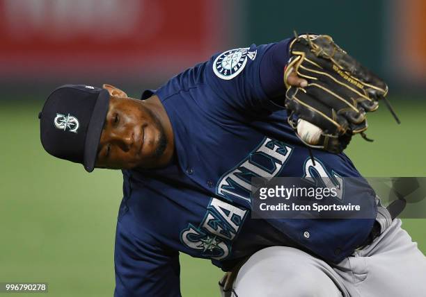 Seattle Mariners shortstop Jean Segura catches a line drive in the seventh inning of a game against the Los Angeles Angels of Anaheim played on July...