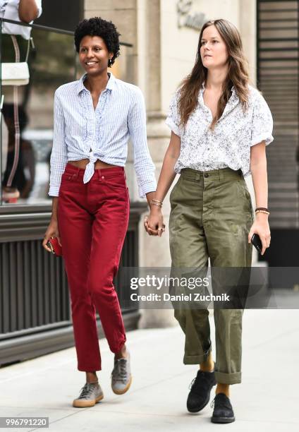 Roshni Copriz and Ashley Owens are seen outside the Death to Tennis show during the 2018 New York City Men's Fashion Week on July 11, 2018 in New...
