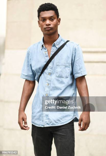 Model is seen wearing a jean shirt outside the Death to Tennis show during the 2018 New York City Men's Fashion Week on July 11, 2018 in New York...