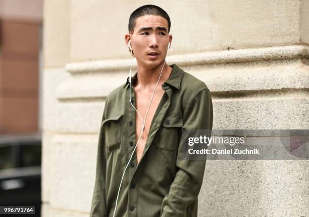 Model is seen outside the Death to Tennis show during the 2018 New York City Men's Fashion Week on July 11, 2018 in New York City.