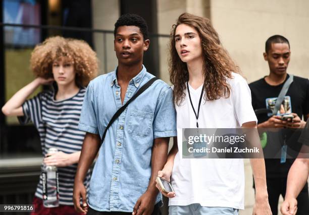 Models are seen outside the Death to Tennis show during the 2018 New York City Men's Fashion Week on July 11, 2018 in New York City.