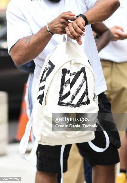 Guest is seen with an Off White bag outside the Death to Tennis show during the 2018 New York City Men's Fashion Week on July 11, 2018 in New York...