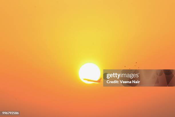 air plane passing through while the sun rises/ahmedabad - veena stock pictures, royalty-free photos & images