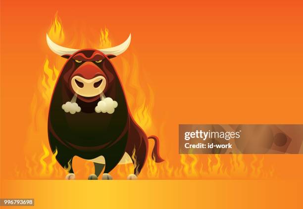 stockillustraties, clipart, cartoons en iconen met boze stier in brand - stier