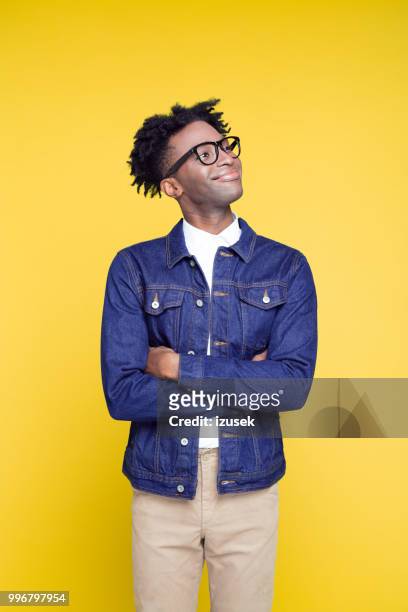 80's style portrait of happy geeky young man - izusek stock pictures, royalty-free photos & images