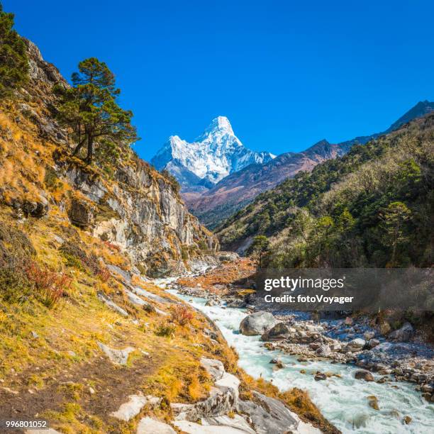 ama dablam 6812m himalaya bergtop met uitzicht op dudh kosi, nepal - sagarmatha national park stockfoto's en -beelden