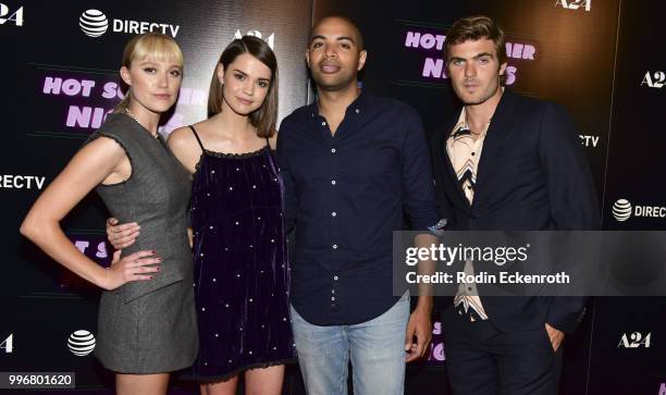 Maika Monroe, Maia Mitchell, Elijah Bynum, and Alex Roe arrive at the screening of A24's "Hot Summer Nights" at Pacific Theatres at The Grove on July...