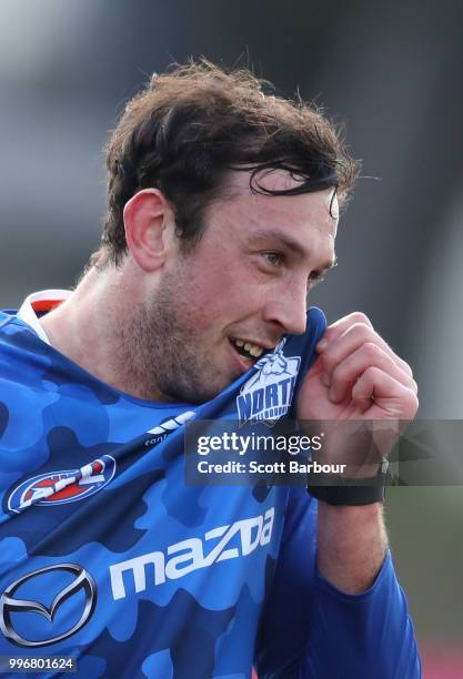 Todd Goldstein of the Kangaroos looks on during a North Melbourne Kangaroos Training Session on July 12, 2018 in Melbourne, Australia.