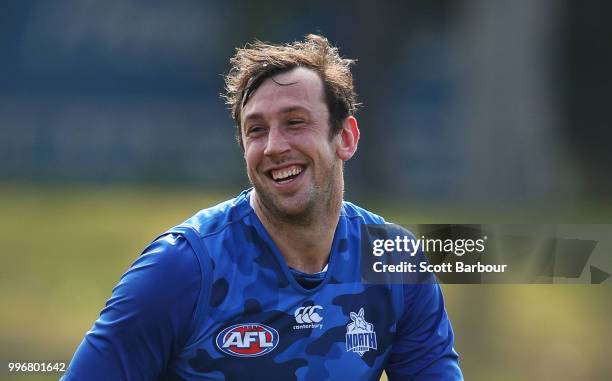 Todd Goldstein of the Kangaroos looks on during a North Melbourne Kangaroos Training Session on July 12, 2018 in Melbourne, Australia.