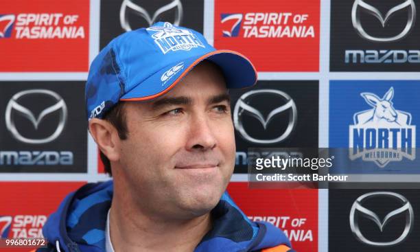Brad Scott, coach of the Kangaroos looks on during a North Melbourne Kangaroos Training Session on July 12, 2018 in Melbourne, Australia.