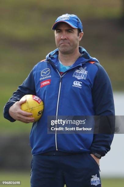 Brad Scott, coach of the Kangaroos looks on during a North Melbourne Kangaroos Training Session on July 12, 2018 in Melbourne, Australia.