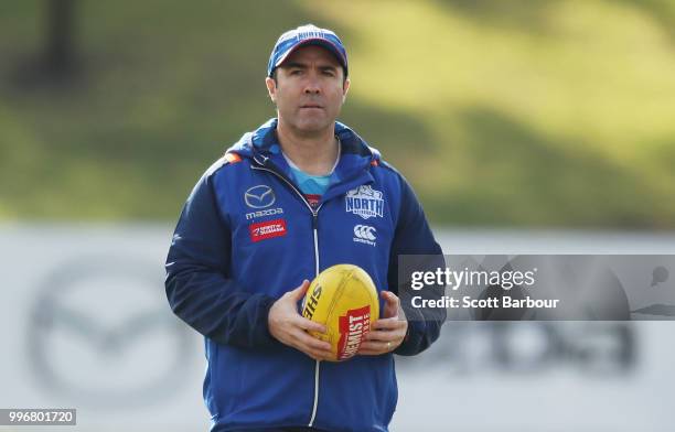 Brad Scott, coach of the Kangaroos looks on during a North Melbourne Kangaroos Training Session on July 12, 2018 in Melbourne, Australia.