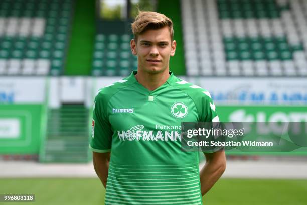 Leon Schaffran of SpVgg Greuther Fuerth poses during the team presentation at Sportpark Ronhof Thomas Sommer on July 11, 2018 in Fuerth, Germany.