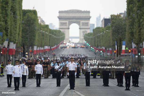 French military march down the Champs Elysee during the Bastille Day military ceremony rehearsals on July 12, 2018 in Paris, France. The Bastille Day...