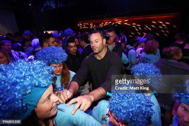 Blues captain Boyd Cordner interacts with fans during a New South Wales Blues public reception after winning the 2018 State of Origin series at The...