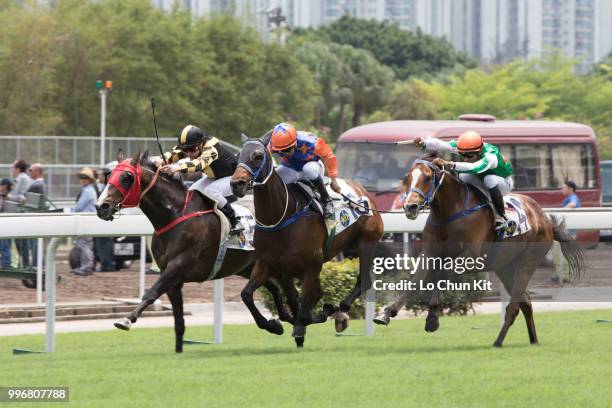 Jockey Karis Teetan riding Navel Orange wins Race 2 Harlech Handicap at Sha Tin racecourse on April 7 , 2015 in Hong Kong.