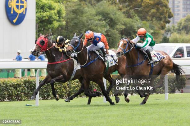 Jockey Karis Teetan riding Navel Orange wins Race 2 Harlech Handicap at Sha Tin racecourse on April 7 , 2015 in Hong Kong.