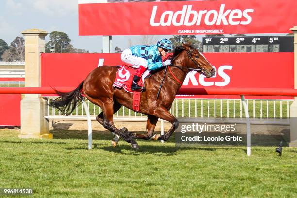 Smart Elissim ridden by Craig Williams wins the Laurels Function Centre Two-Years-Old Maiden Plate at Sale Racecourse on July 12, 2018 in Sale,...