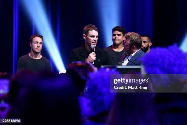 Blues coach Brad Fittler speaks during a New South Wales Blues public reception after winning the 2018 State of Origin series at The Star on July 12,...