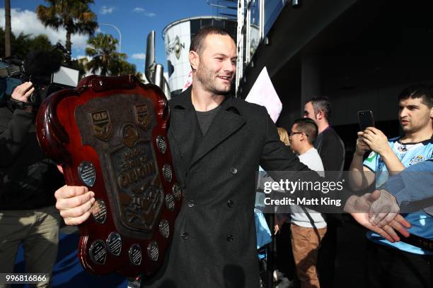 Blues captain Boyd Cordner arrives at a New South Wales Blues public reception after winning the 2018 State of Origin series at The Star on July 12,...