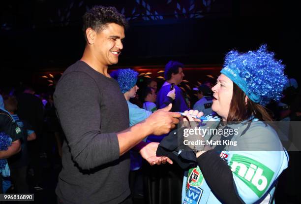 Latrell Mitchell interacts with fans during a New South Wales Blues public reception after winning the 2018 State of Origin series at The Star on...