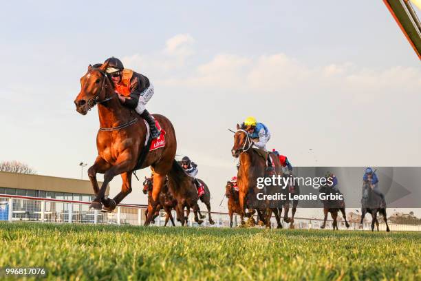 Rox The Castle ridden by Luke Nolen wins the Gippsland Funeral Services BM64 Handicap at Sale Racecourse on July 12, 2018 in Sale, Australia.