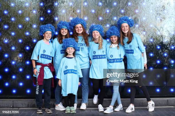 Young fans pose during a New South Wales Blues public reception after winning the 2018 State of Origin series at The Star on July 12, 2018 in Sydney,...