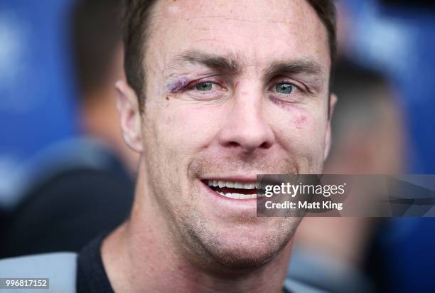 James Maloney looks on during a New South Wales Blues public reception after winning the 2018 State of Origin series at The Star on July 12, 2018 in...