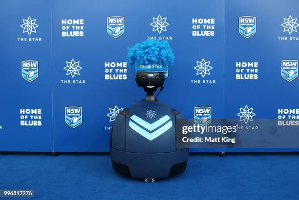 Bluey the robot poses during a New South Wales Blues public reception after winning the 2018 State of Origin series at The Star on July 12, 2018 in...