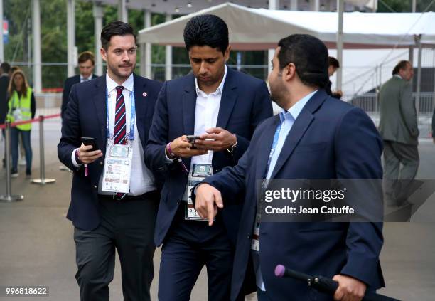 President of Paris Saint Germain and CEO of beIN Media Group arrives at the stadium for the 2018 FIFA World Cup Russia Semi Final match between...