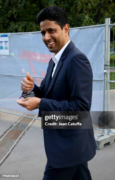 President of Paris Saint Germain and CEO of beIN Media Group arrives at the stadium for the 2018 FIFA World Cup Russia Semi Final match between...