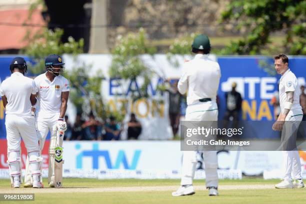 South Africa's Dale Steyn looking at the two opening batsman's of Sri Lanka after he delivered the ball during day 1 of the 1st Test match between...