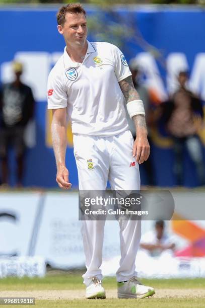 Dale Steyn fast bowler of South Africa watching at the fielder after delivering the ball during day 1 of the 1st Test match between Sri Lanka and...
