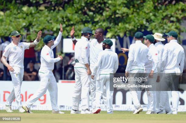 South Africa team celebrating the wicket of Sri Lanka batsman Danushka Gunathilka during day 1 of the 1st Test match between Sri Lanka and South...