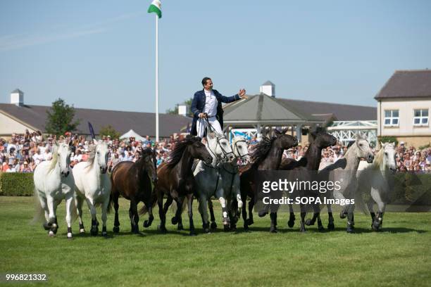 Participant seen riding on the back of two horses while standing up during the Great Yorkshire Show 2018 on day one. The Great Yorkshire Show is the...