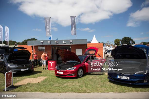 Tesla cars exhibition seen during the on Great Yorkshire Show 2018 day one. The Great Yorkshire Show is the biggest 3 days agricultural event in...