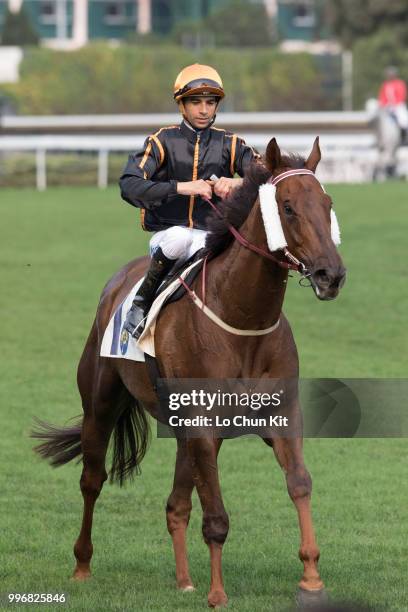 Jockey Joao Moreira riding Able Friend wins Race 7 The Chairman's Trophy at Sha Tin racecourse on April 7 , 2015 in Hong Kong.