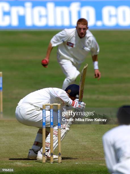 John Crawley of Lancashire ducks under a bouncer from Steven Kirby of Yorkshire on the first day of the CricInfo County Championship, Division One...